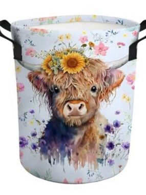 Floral Highland Cow Laundry Basket - White with Sunflower Accent